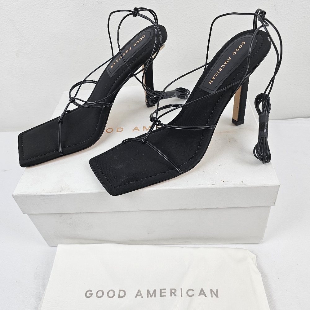 Good American Size 10 Neoprene Cage Black Tie Lace Up Gladiator Heel NEW W Box - Picture 4 of 8